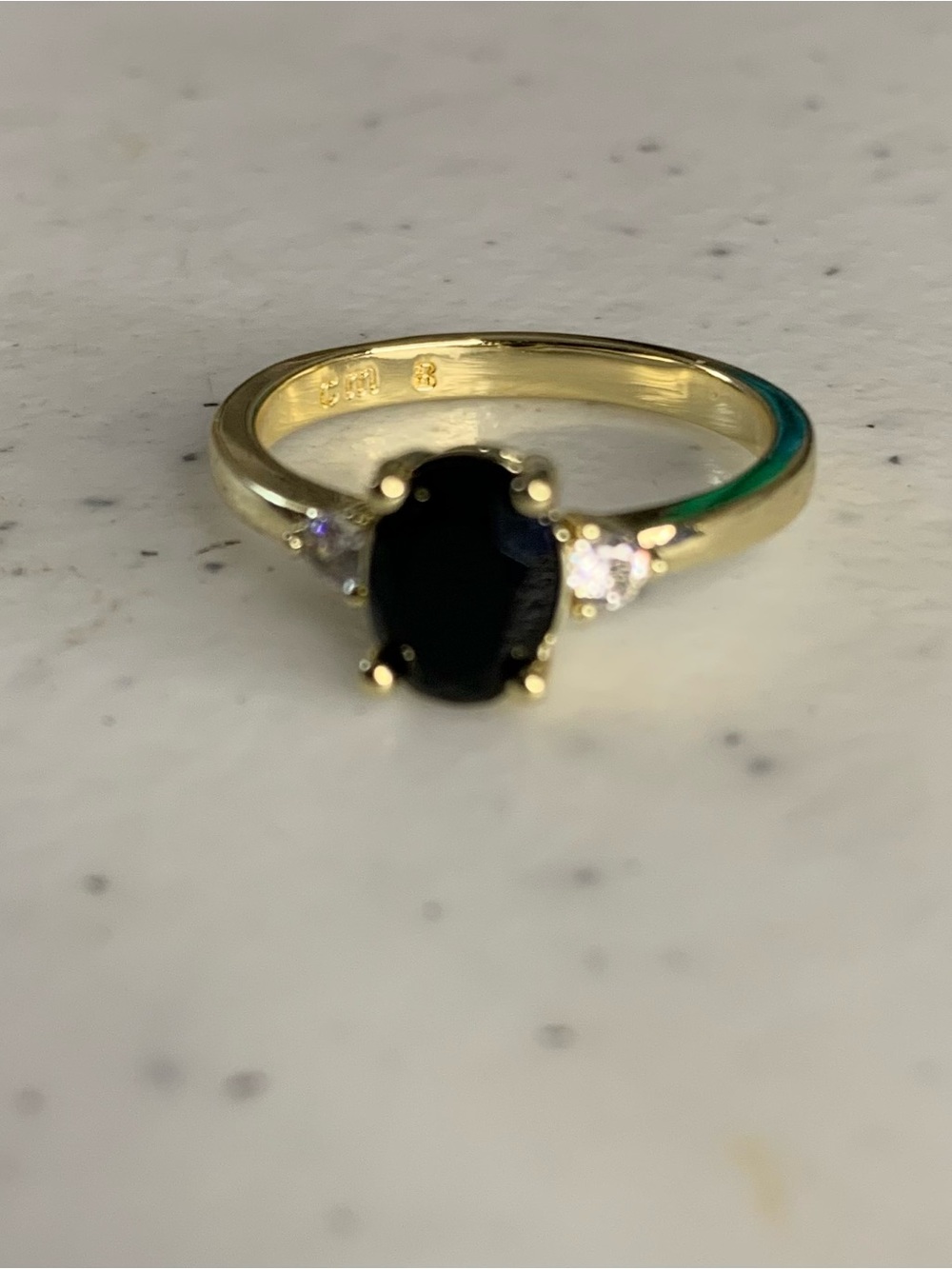Classic 14k Gold plated Ring with Black Oval Stone and CZ Side Accent Stones